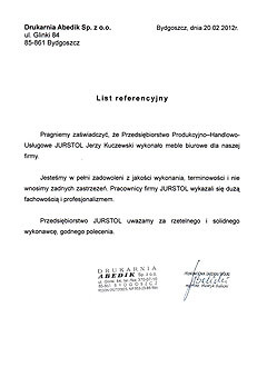 List referencyjny od Drukarnia Abedik